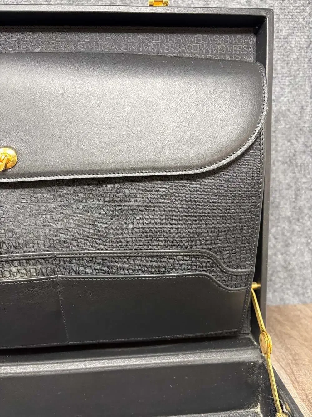 Gianni Versace Vintage Medusa Embossed Black Leather Hard Case Briefcase-Luxury